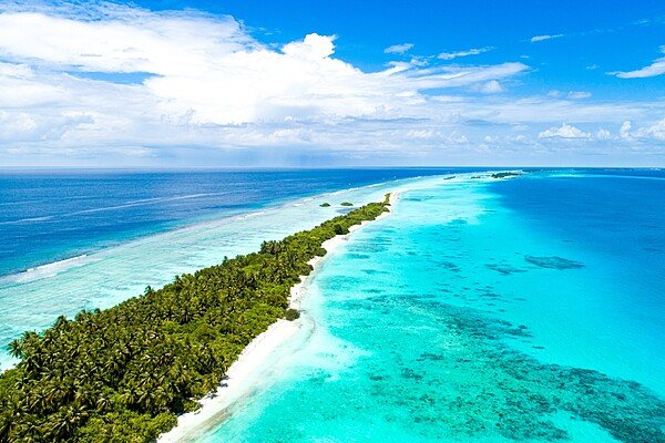 An aerial shot of a narrow island covered by tropical trees  in the middle of the sea in Maldives