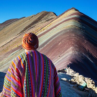 Hiking scene in Vinicunca, Cusco Region, Peru. Montana de Siete Colores,  Rainbow Mountain.
